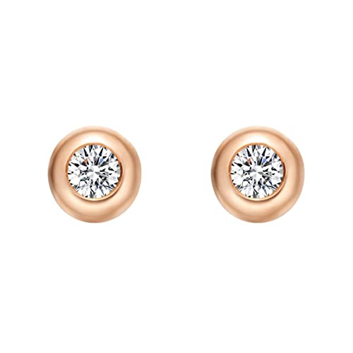 Carleen 0.1cttw Diamond Studs Real 18K Rose Gold Solitaire Bezel Set Round Sparkling Genuine Diamond Small TinyStud Earrings for Women Girls, Diameter 3.8mm