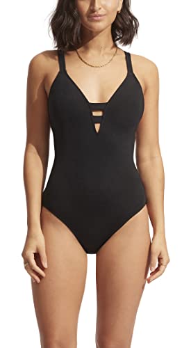 Seafolly Women's Standard Active Deep V Plunge Maillot One Piece Swimsuit, Eco Collective Black, 8