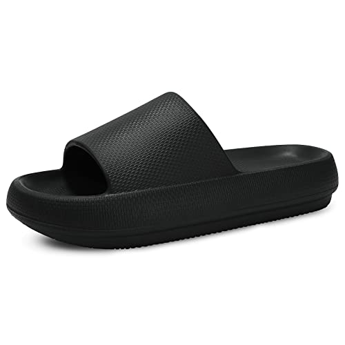 welltree Slides for Women Men Pillow Slippers Non-Slip Bathroom Shower Sandals Soft Thick Sole Indoor and Outdoor Slides,Black,6-7 Women/4.5-5.5 Men