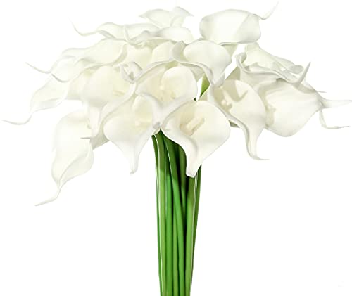 JUSTOYOU 20pcs White Flower Artificial Calla Lily 13' Fake White Flowers Wedding Bouquet Real Touch Latex Flower for Bride Wedding Home Decor (White)