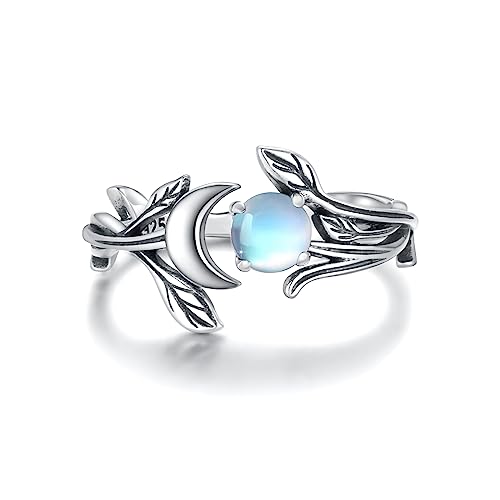 Mic Tai 925 Sterling Silver Opal Turquoise Moonstone Moon Ring - Adjustable Vintage Crescent Moon Ring Fire Opal Planet Earth Jewelry for Women Girls (moonstone)