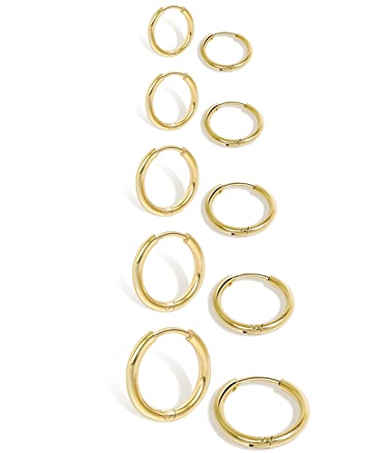 Small Hoop Earrings Lightweight: Hinged Huggie Hoop Earrings for Lobe Cartilage Helix Tiny Hoops Earrings in Gold Plated Silver Black for Women Men Girls (Set of 1 - 5 Pairs) (14K Gold - 6mm/7mm/8mm/9mm/10mm)
