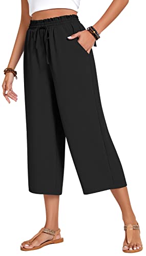 Anyhold Womens Capri Pants Loose High Waisted Wide Leg Lounge Pants Drawstring Causal Palazzo Pants Trousers with Pockets Large, Black