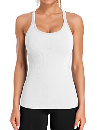 ATTRACO Seamless Workout Tank Tops for Women Racerback Athletic Tank with Built in Bra White