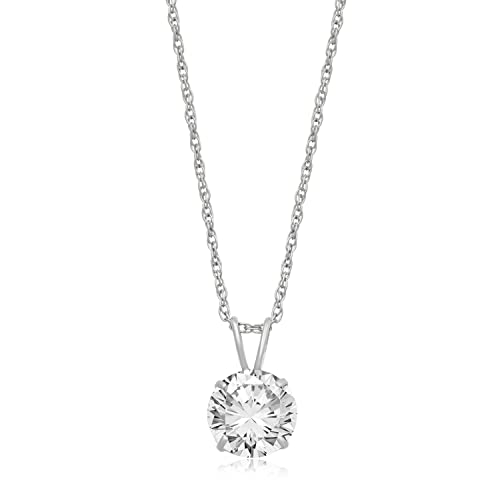 Jewelili 10K White Gold Solitaire Pendant Necklace Set with Round Cut Cubic Zirconia, 18' Rope Chain