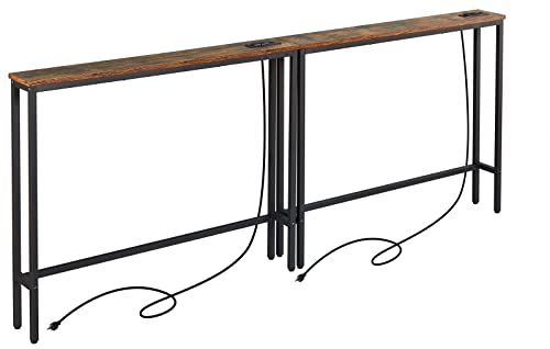 ELYKEN 2 Pack 5.9' Narrow Console Sofa Table with Power Outlets, 5.9' D x 39.4' W x 31.1' H Long Couch Table with Metal Frame and Charge Station with 6.5’ Extension Cord, Rustic Brown