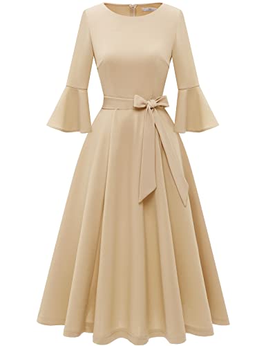 Women's Vintage Midi Homecoming Prom Formal Bridesmaid Wedding Tea Party Dress Modest Dress for Church Wedding Guest Dress Champagne M