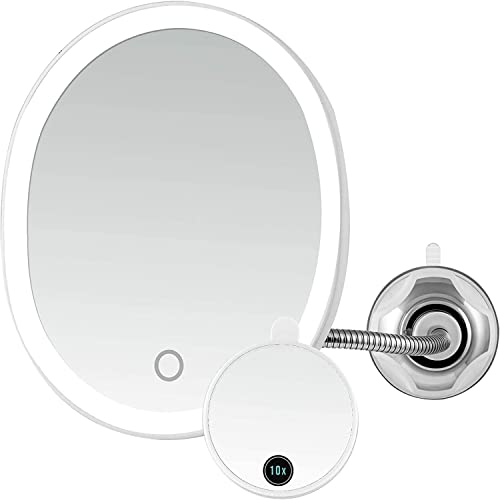 OVENTE 8.5'' Lighted Makeup Mirror, Rechargeable Swivel Gooseneck with Attachable Suction Cup Mount, 10X Magnetic Mini Magnifier, Dimmable LED, For Bathroom, Home & Travel, USB Powered, White MOW22W