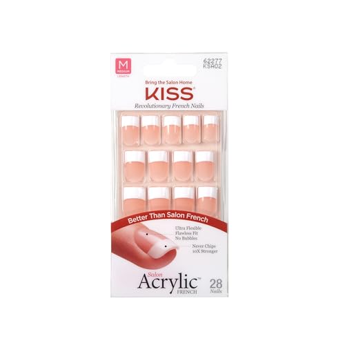KISS Salon Acrylic Press On Nails, Nail glue included, Sugar Rush', French, Medium Size, Square Shape, Includes 28 Nails, 2g Glue, 1 Manicure Stick, 1 Mini File