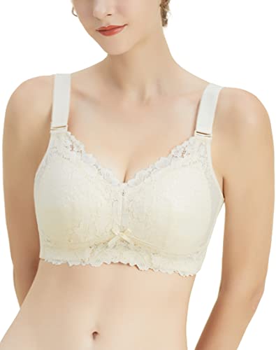 Wireless Bra Full Figure Coverage Bras for Women no Underwire Plus Size Minimizer Bra not Padded Comfort Lifting up Wide Straps Support lace Bra Nude Beige 42 DDD 42DDD Triple D