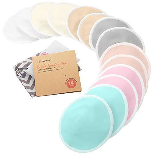 Organic Bamboo Viscose Nursing Breast Pads - 14 Washable Breastfeeding Pads, Wash Bag, Reusable Breast Pads for Breastfeeding (Pastel Touch, L 4.8')
