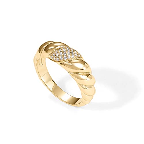 PAVOI 14K Yellow Gold Plated Cubic Zirconia Croissant Ring Twisted Braided Gold Plated Ring | Chunky CZ Signet Ring | Size 7