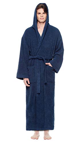 Arus Mens Long Hooded Classic Turkish Cotton Bath Robe With Full Length Options Extra Tall, Navy Blue, Large-X-Large