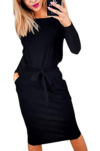 PRETTYGARDEN 2023 Fashion Fall Dresses for Women Casual Long Sleeve Belted Party Bodycon Sheath Pencil Dress (Black,Medium)