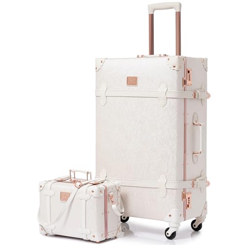 urecity vintage suitcase set for women, vintage luggage sets for women 2 piece, cute designer trunk luggage, retro suit case (Rose White, 20'+12')
