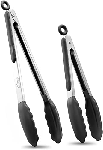 HOTEC Premium Stainless Steel Locking Kitchen Tongs with Silicon Tips, Set of 2-9' and 12'
