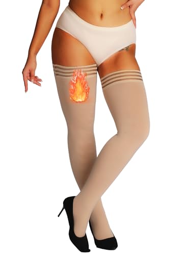 HONENNA Fleece Lined Thigh High Stockings, 8+ Colors Stay Up Lace Top Opaque Winter Warm Tights for Women, 1 Pair Nude M-L