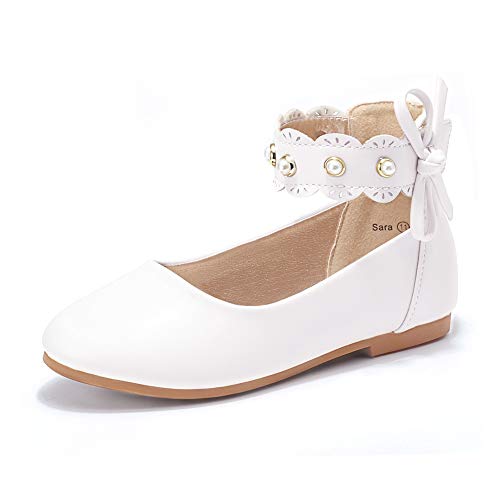 PANDANINJIA Girls Dress Shoes White Flower Girl Flats Pearls Ballet Bow Mary Jane Ankle Strap Sara Wedding Party Shoes for Toddler Little Big Kid, Size 12