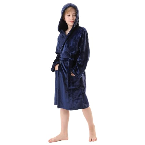V.&GRIN Boys Fleece Robe, Hooded Toddler Soft Fuzzy Bathrobe for Kids 3-14 Years（Navy 11-12
