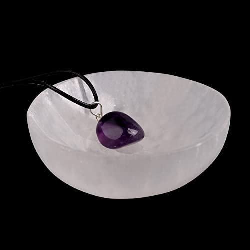 Wish Well Selenite Bowl with Amethyst Necklace – 4' Selenite Crystal Bowl – Mined and Crafted in Morocco – Ideal for Cleansing and Recharging Crystals and Healing Stones, Meditation, and Decor
