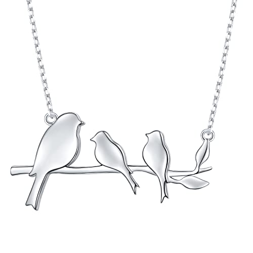 DAOCHONG 925 Sterling Silver 3 Birds on A Branch Necklace Mom and Babies Mother and Children Necklaces Birthday Gifts for Women (3 Birds - Sterling Silver)