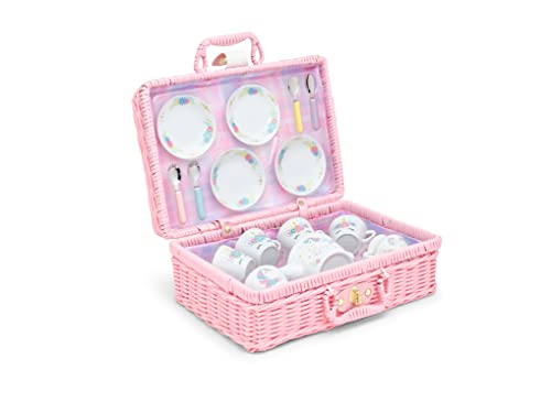 Porcelain Tea Set for Girls - Mini Ceramic Tea Cups with Pink Wicker Basket - Cute Tea Pot and Tiny Cups Set for Girls Tea Party - Ideal Gift for Kids Ages 3 Years Old - Unicorn Design, 13 Pieces