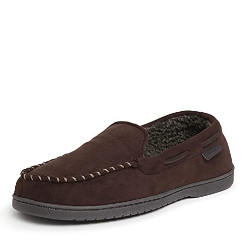 Dearfoams Men's Microsuede Moccasin with Whipstitch Slipper, Coffee, Large Wide