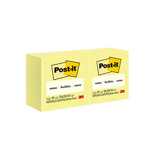 Post-it Notes, 12 Sticky Note Pads, 3 in. x 3 in., School Supplies and Office Products, Easy to Reposition Memo Pads Set, Great for Books and Paper, Canary Yellow