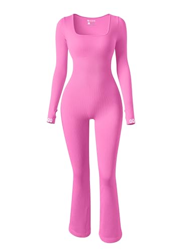 OQQ Women Yoga Jumpsuits Ribbed Exercise Long Sleeve Tops Bell Bottoms Flare Jumpsuits Rose