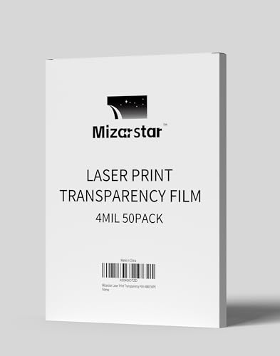 Mizarstar Transparency Film for Laser Jet Printer and Copier, Overhead Projectors Film, Letter Size, 8.5 x 11 in, 50/Pack