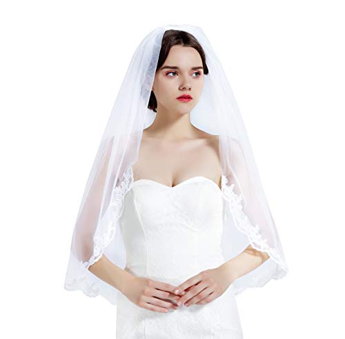 BEAUTELICATE Wedding Bridal Veil with Comb 1 Tier Lace Applique Edge Fingertip Length 36' White