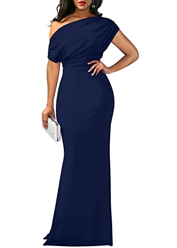 YMDUCH Women's Elegant Sleeveless Off Shoulder Bodycon Long Formal Party Evening Dress Navy