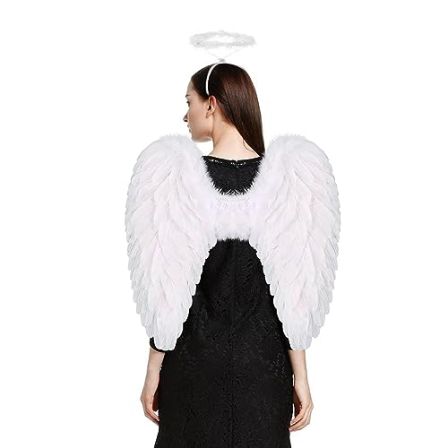 Loieryk Angel Wings and Halo for Adult Feather Angel Wings Costume for Women Kids Girls Halloween Cosplay Angel Costume Accessories White