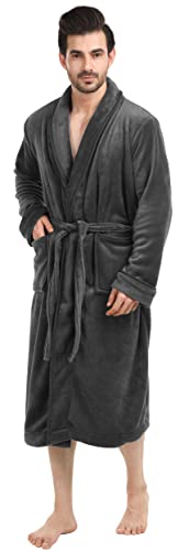NY Threads Luxurious Mens Shawl Collar Fleece Bathrobe, Spa Robe, Large-X-Large, Grey