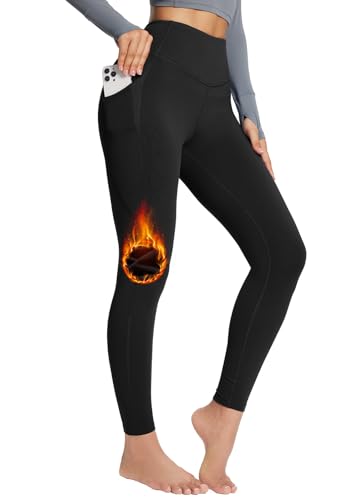 BALEAF Fleece Lined Leggings for Women with Pockets Workout Thermal Winter Warm Tummy Control High Waisted Petite Thick 7/8 Yoga Pants Black M