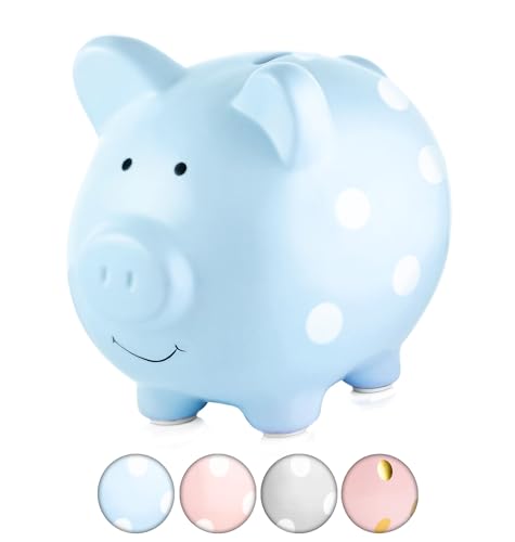 Pearhead Large Ceramic Piggy Bank, Ideal for Boys and Girls, Kids Money and Coin Bank, Perfect Baby Boy Nursery Décor, Great Gift and Newborn Keepsake, Blue Polka Dots