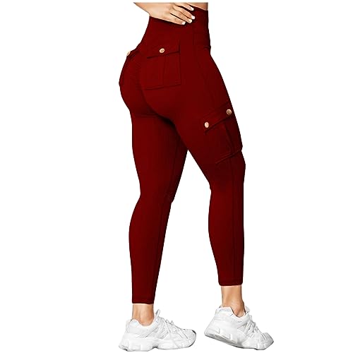 Ayolanni Women's Leggings Women High Waist Yoga Leggings Butt Lifting Tummy Control Solid Cargo Tights with Button Porkets for Jogging Workout Lightning Deals of Today Prime Clearance Wine M