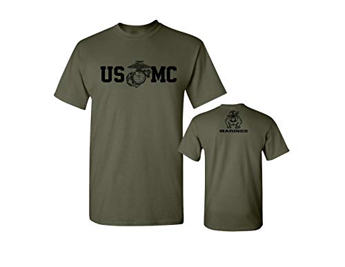 Lucky Ride Marine Corps Bull Dog Front and Back USMC Men's Military T-Shirt (Large, Military Green)