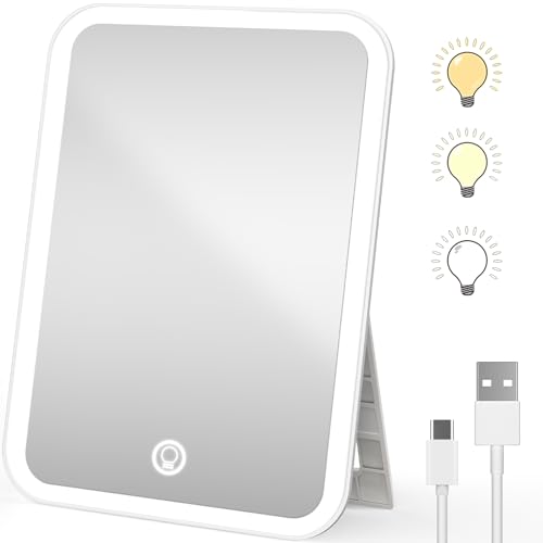 Gtinli 360° Rotating LED Makeup Mirror Rechargeable Travel Vanity Mirror with Lights Dimmable 3 Color LED and Brightness Portable Mirror for Desk Lighted Compact Travel Mirror with Touch Screen