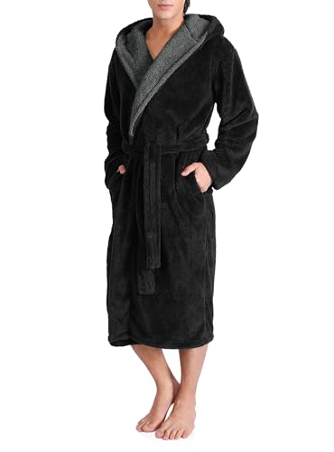 DAVID ARCHY Men's Soft Plush Fleece Robe Full Length Hooded Long Bathrobe for Men with Hood (XL, Black- Shu Velveteen)