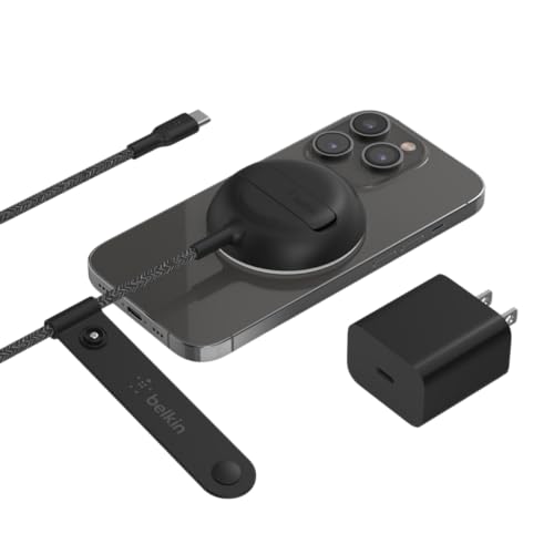 Belkin Wireless Charger for MagSafe, 15W Fast Charging Pad (PSU Not Included) w/ Kick Stand & 6.6ft Long Braided Cable, Compatible w/ iPhone 15, 15 Pro, 15 Pro Max, 14 & 13, and iPhone Mini - Black