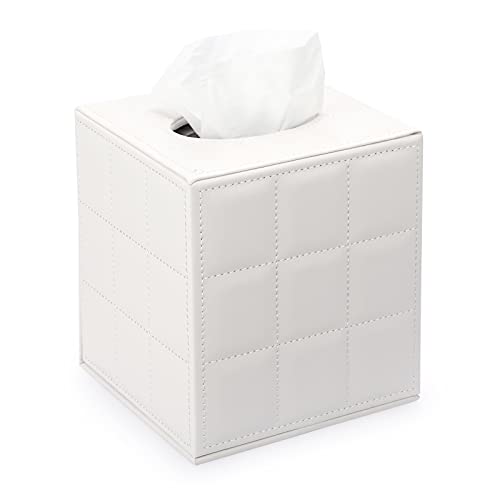 Sumnacon Square Leather Tissue Box Cover - Stylish Cube Tissue Box Holder with Magnetic Bottom, Decorative PU Tissue Box for Vanity Dresser Night Stand Table Countertop Home Office Car, Grid White