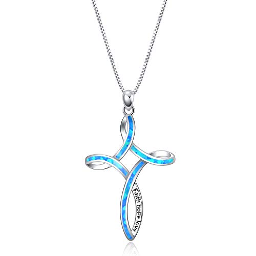 WINNICACA Christmas Gifts for Her Blue Opal Cross Necklace for Women 925 Sterling Silver Celtic Cross Pendant Necklace Faith Hope Love Celtic Jewelry Irish Gifts for Women Girls Lover Birthday