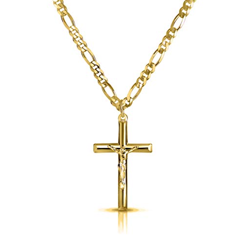 Verona Jewelers Men and Women 24' Stainless Steel 3.8MM Figaro Chain Necklace Crucifix Cross Pendant (Silver Color) (gold)