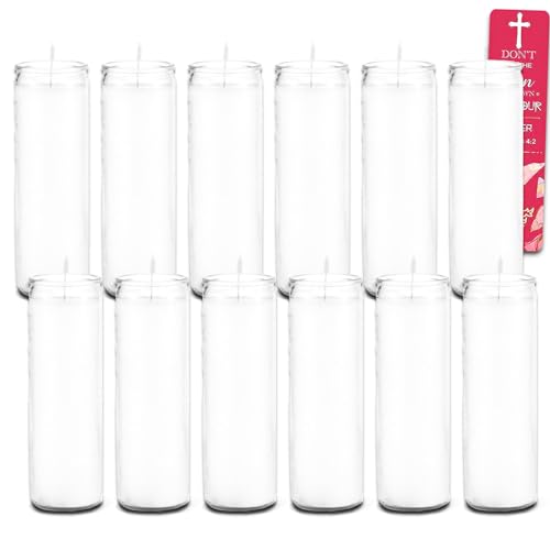 8 Inch White Prayer Glass Candles - Bundle with 12 White Prayer Candles for Vigils, Prayers, Blessing Ceremonies, Candles Bulk Plus Bible Bookmark