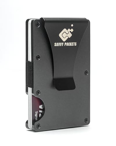 Savvy Pockets Wallet for Men Slim Minimalist - Compact RFID Blocking Wallet - Smooth Metal Finish - Front Pocket Wallet with Elastic Web Holder and Money Clip - Easy Card Access