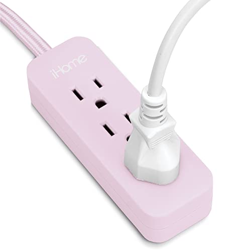 iHome 3 Outlet Power Strip with 3ft Nylon Braided Extension Cord, Flat Plug Power Strip to Use in Kitchen or Behind Furniture, Heavy-Duty Extension Cord with Multiple Outlets