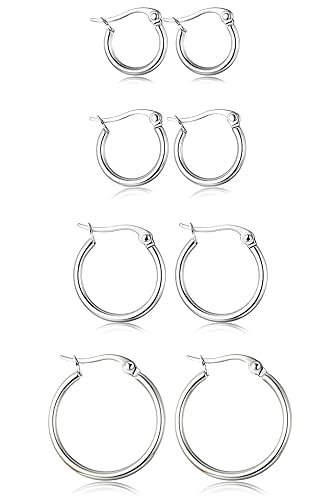 ORAZIO 4 Pairs Stainless Steel Hoop Earrings Set Cute Huggie Earrings for Women,Silver-Tone,10MM-20MM