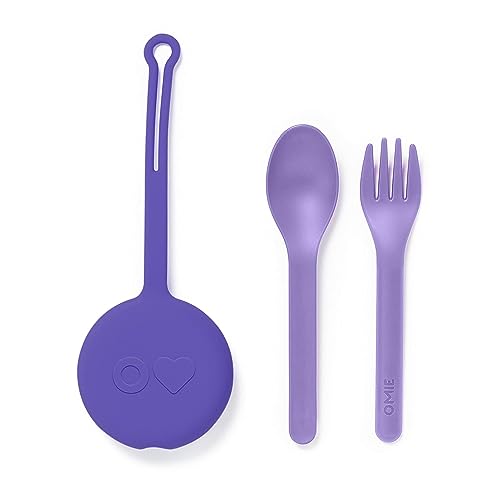 OmieBox Kids Utensils Set with Case - 2 Piece Plastic, Reusable Fork and Spoon Silverware with Pod for Kids (Lilac)