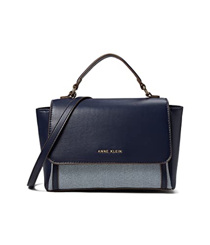 Anne Klein E/W Color Blocked Canvas Flap Satchel, Navy-Cream/Distant Mountain